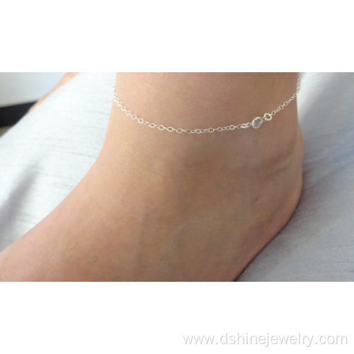 Double Chain Tassel Anklet Bracelet With Rhinestone Pendant